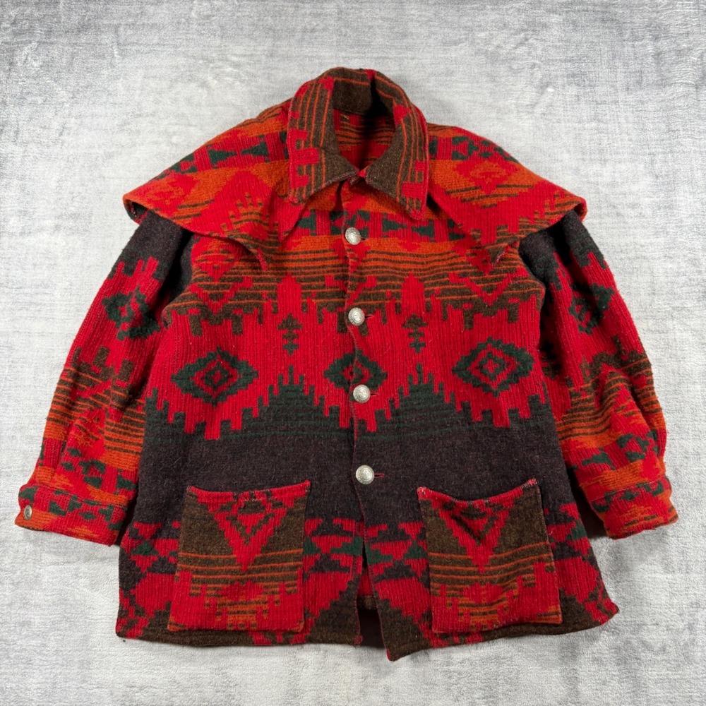 Vtg 1960s Navajo Jacket Womens XL Red Aztec Silver Capelet Concho Button Boho